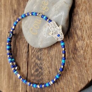 B2928 hamsa crystal blue seed beaded bracelet‎ cuff wrap